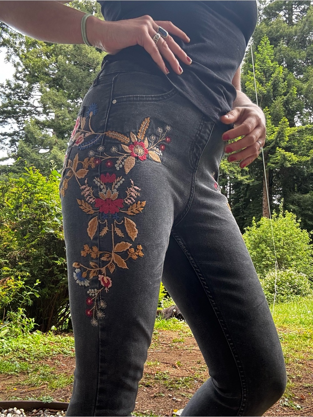 Embroidered Black Women’s Jeans - Floral Accent